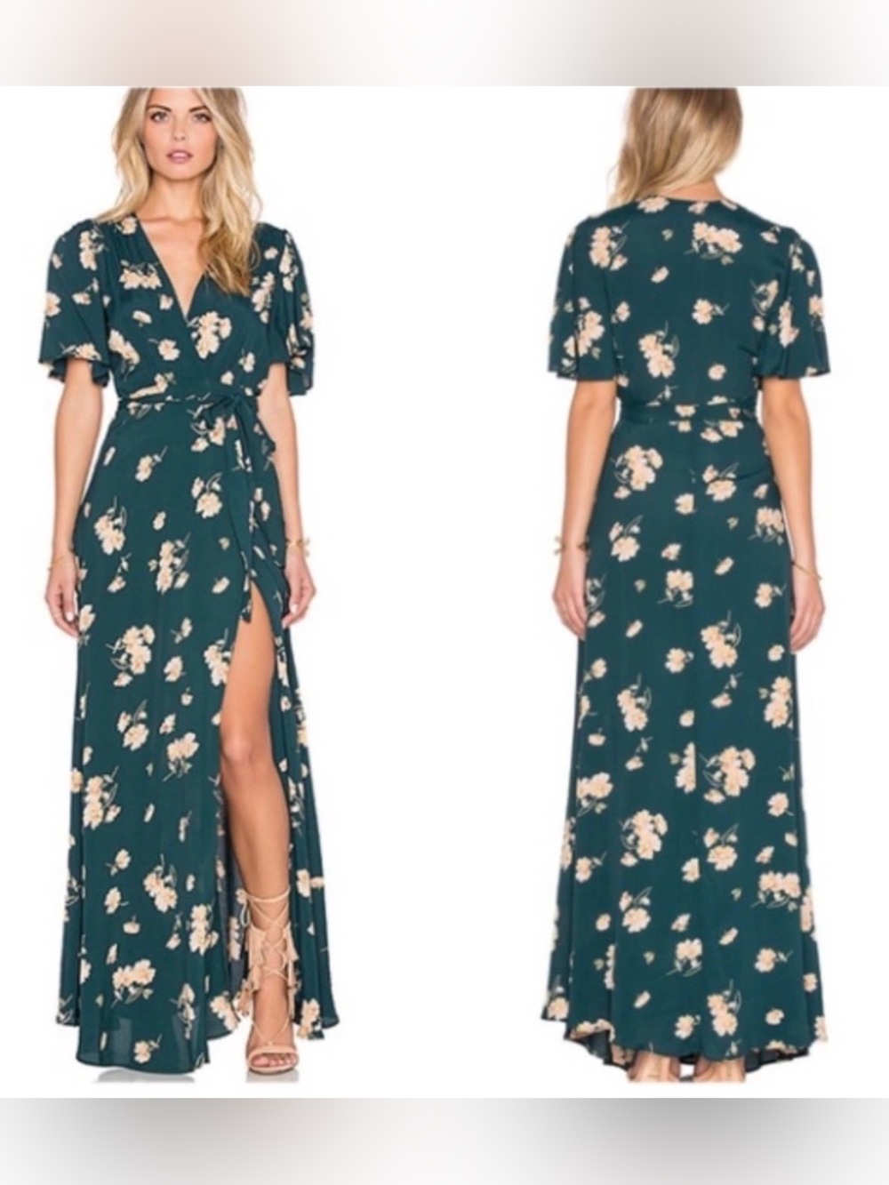 Privacy Please Plaza Floral Maxi Kimono Wrap Dress in Sequoia Green, size M